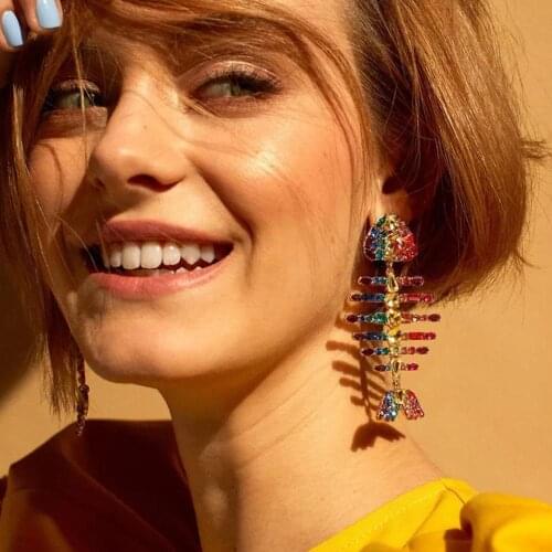 Shiny Rhinestone Fish Bone Dangle Earrings for Women Fashion Jewelry Boho Maxi Statement Drop Earrings Hot Sal UKMOC