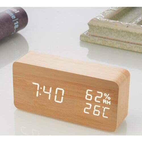 Alarm Clock LED Wooden Watch Table Voice Control Digital Wood Despertador Snooze Time Temperature Display Desktop Clocks