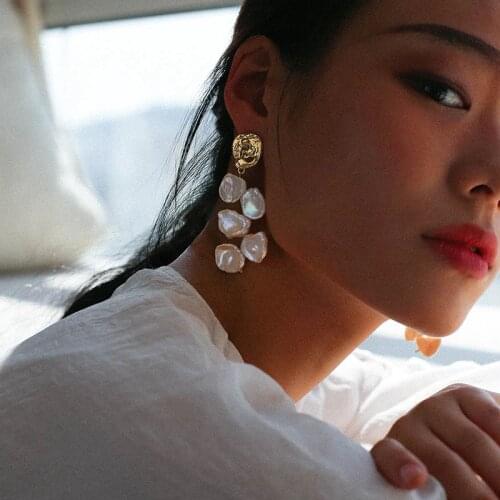 European and American style baroque pearl long earrings women retro gold coin long leaf earrings special-shaped pearl earrings