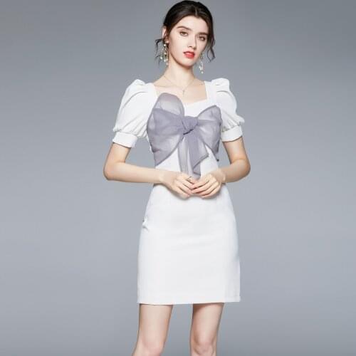 JSXDHK S-XXL Summer Office Ladies Dress Fashion Women Mesh Big Bow Square Collar Female Puff Sleeve Bodycon Pencil White Dresses