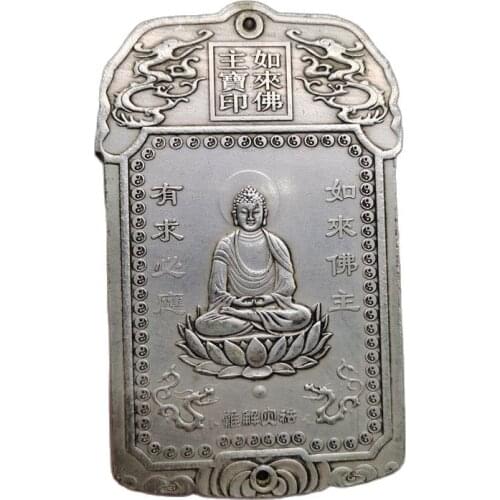 Chinese old Tibetan silver relief Buddha Waist Card amulet pendant Feng Shui lucky Card pendant