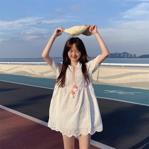 Korean Sweet College Style Soft Girl Dress Peter Pan Collar Lace Hollow Out Puff Sleeve Bandage White Elegant Casual Women Dress