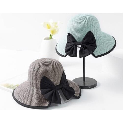 Mingjiebihuo New Fashion Bow Hat Summer Outing Sun Shade Sun Hat Beach Holiday Beach Hat Outdoor Women girls solid Straw Hat