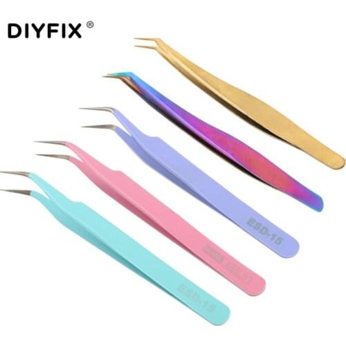 DIYFIX Eyelash Extension Tweezers Precision Straight Curved Forceps Pliers for Nail Art Rhinestones Gem Decor Picking Hand Tools