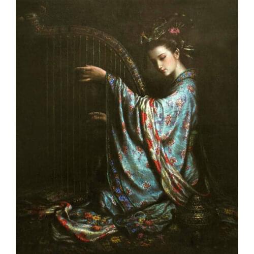 Portrait Painting by Hand Canvas Wall Art Large Oil Painting Chinese Dun Huang Flying Young Girl Play Crested Piano Handpainted