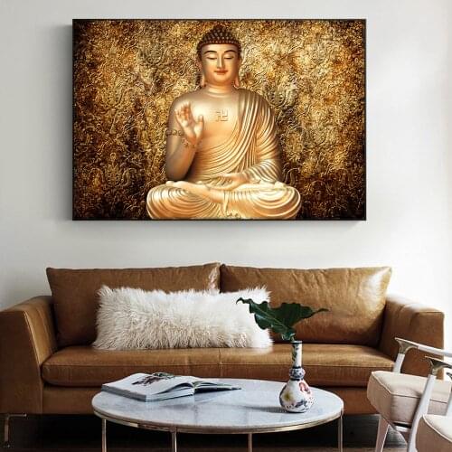 Golden Color Buddha Wall Art Canvas Buddhism Portrait Paintings On The Wall Buddhism Poster Cuadros Pictures For Living Room