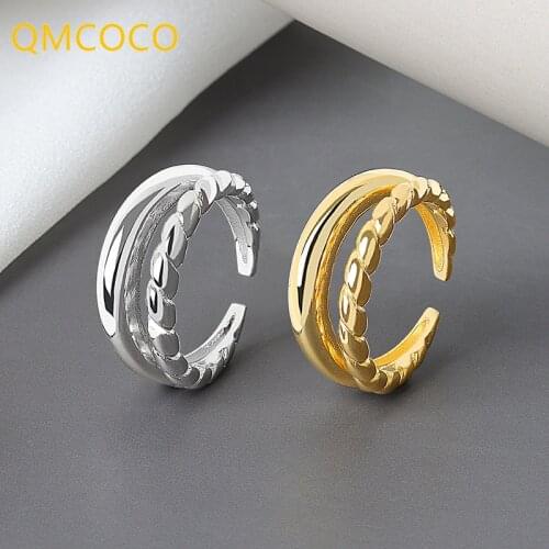 QMCOCO 925 Sterling Silver Simple Minimalist Open Adjustable Finger Rings for Women Fashion Female Double Lines Jewelry