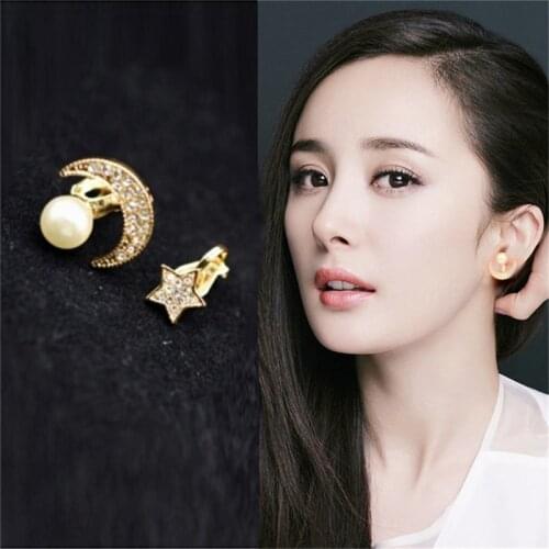 Rhinestone Star Clip On Earrings Moon With Pearl Stud Silver Gold Asymmetrical Earring Without Piercing Jewelry For Women Ladies