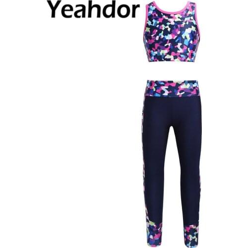 Teen Girls Dancewear Ballet Outfit Digital Print Sleeveless Mesh Tanks Crop Top with Leggings Children Set Gymnastics Sportswear