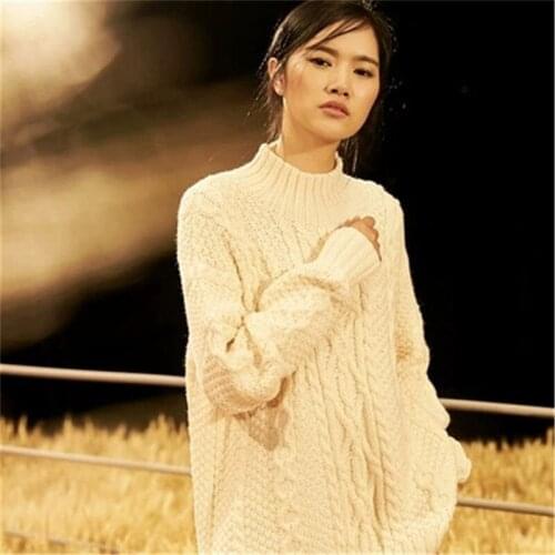 100% hand made pure wool knit women fashion vertical striped Oneck solid open hem pullover sweater white 5color customized