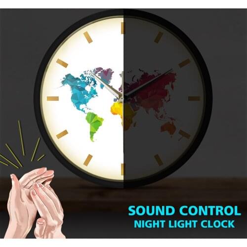 Unique Colorful World Map Wall Clock LED Illumination Sound Control WatchGeometric Wall Art Housewarming Traveler Gift
