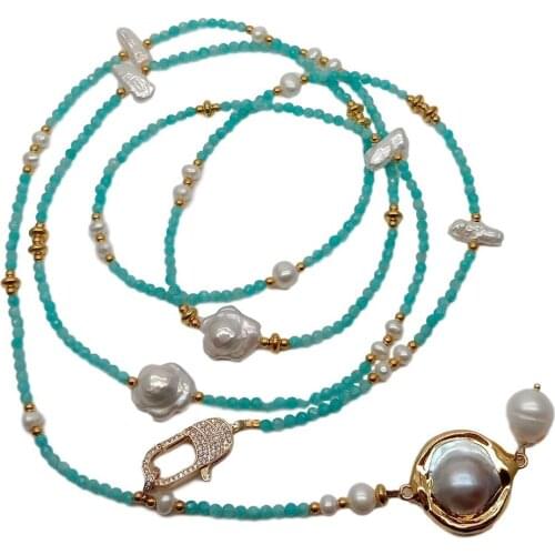 YYGEM Natural Faceted Round Amazonite White Biwa Flower Pearl White Mabe Ppearl Connector 54" Sweater Chain Necklace