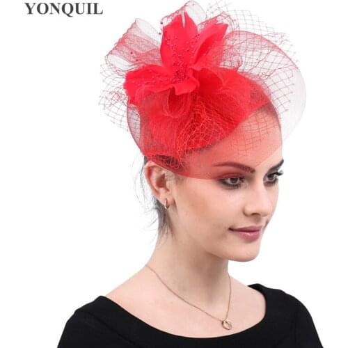 Feather Flower Mesh Red Fascinator Hats Lady Elegant Wedding Millinery Cap Party Cocktail Hats Elegant Headband Hair Accessories