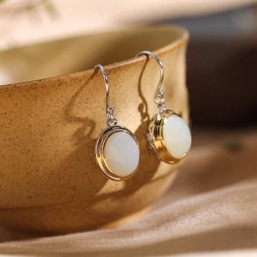 2018 New Women Earrings 100% 925 Sterling Silver Hollow Glod Color Natural Jade Gemstone Earrings For Lady Jewelry