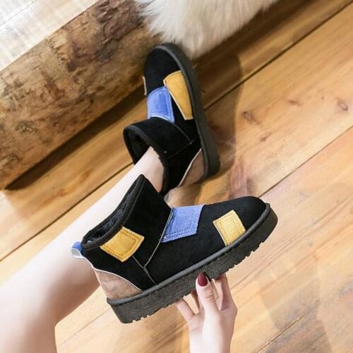 Snow Boots Woman 2021 Winter New Thicken Velvet Womens Cotton Shoes Flat Slip-on Non-slip Ankle Boots Patchwork Womens Shoes