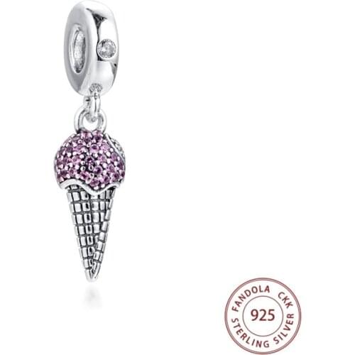 Fit Pandora Bracelet 925 Sterling Silver Pave Ice Cream Cone Dangle Charms Crystal Beads for Women Fashion Jewelry Making Gift