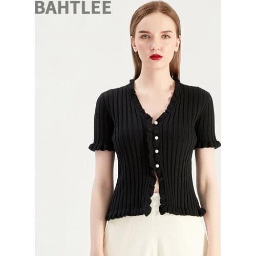 BAHTLEE Women Tencel Cardigan Striped Knitted Singel Breasted Short Sleeveles Pearl Button V-Neck Sweaters High Elastic