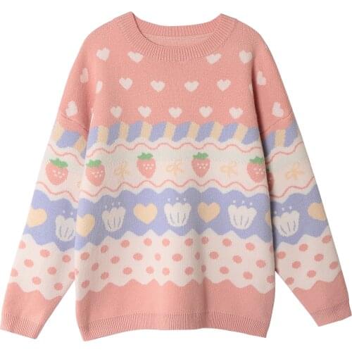 Autumn Winter New Women Thick Warm Sweater O Neck Long Sleeve Pink Strawberry Jacquard Ladies Sweet Pullover Knitted Tops