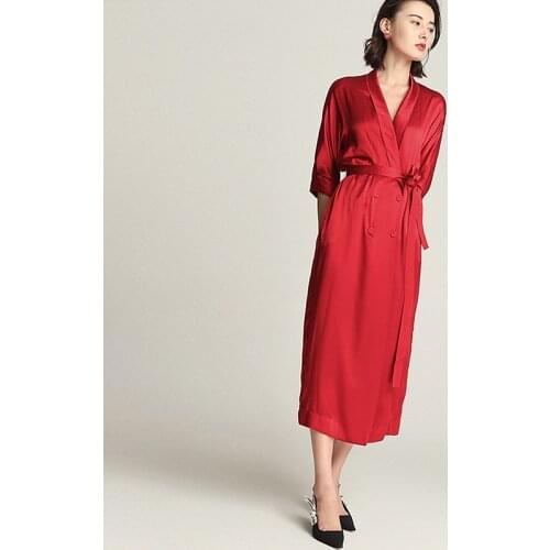 High-end Dress Women 100% Silk Elegant Style Shawl Neck Drop-Shoulder Half Sleeves Sashes Double-breasted Button New Fashion