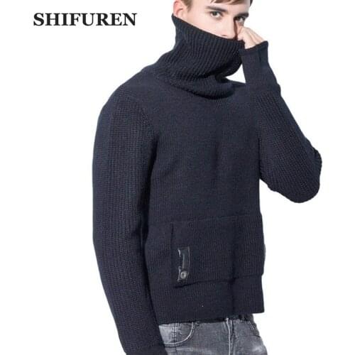 SHIFUREN Winter Men Pullover Sweaters Thicken Warm Knitted Jumpers With Pocket Male Causal Sweaters Solid Color Plus Size M-XXXL