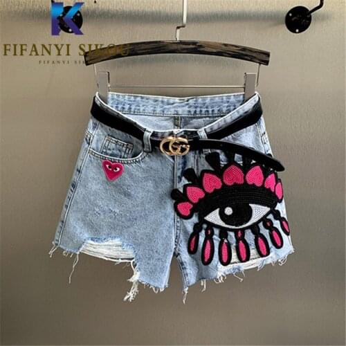 2021 Summer Women Denim Shorts Fashion Embroidery Sequins High waist Jeans Shorts Loose Plus Size Wide leg Short Pants Jeans