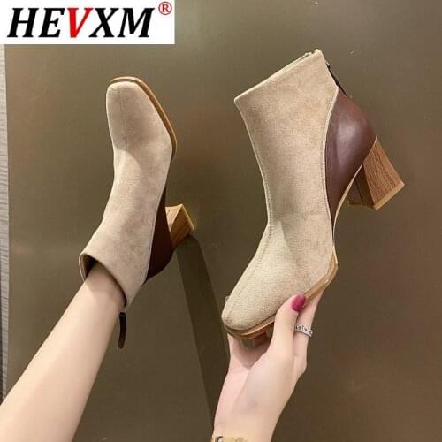 2021 Womens Autumn New Martin Boots Square Toe Thick Heel Zipper Fashion Boots Fashion High Heels Plus Fleece Ankle Boots