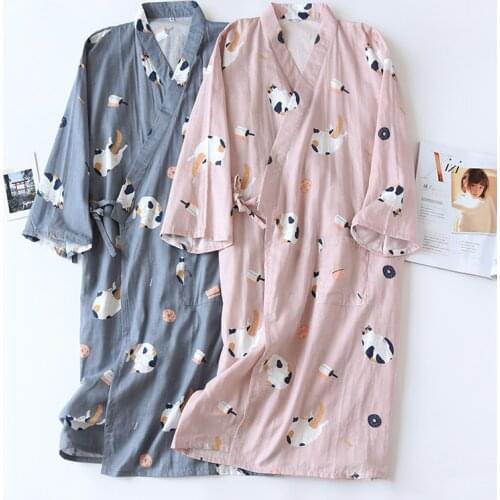 Cats Print Women Bathrobe Men Thin Cauze Cotton Bath Robes Long Plus Size Lovers Couples Night Dressing Gown Men Nightgown