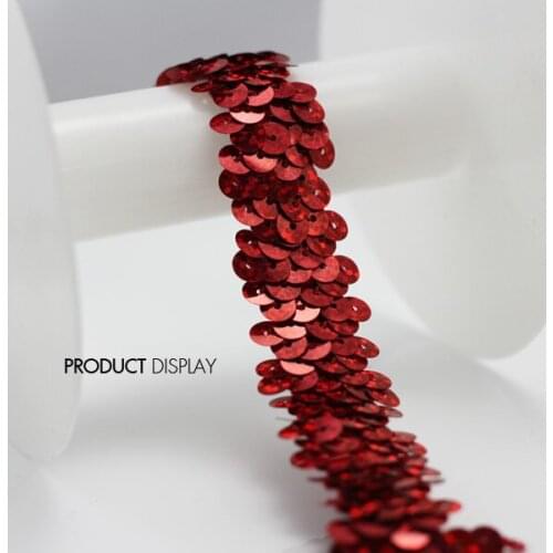 Elastic Stretch 2 Row Shiny Red Sequin Braideed Bead Applique Lace Tape Ribbon Trim for Costume Sewing Supplies 30yard/T708
