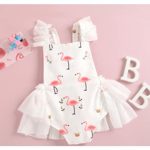 Toddler Baby Girl Romper Tops Lace Flamingo Printed Jumpsuits Newborn Kids Fly Sleeve Summer High Waist Cotton Backless Clothes