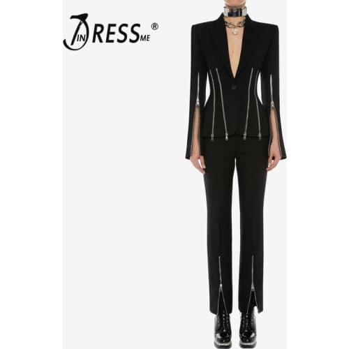 INDRESSME 2019 New Fashion V Neck Single Zipper Long Split Sleeve Blazer Slim Waist Slit Pantsuits Punk Style Two-Piece Sets