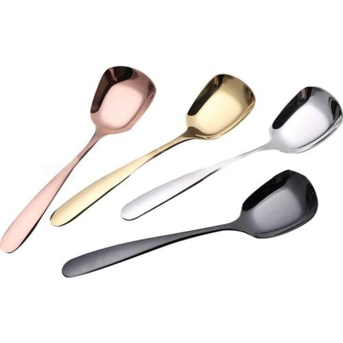 Square Flat Soup Spoon 304 Stainless Steel Table Spoons Long Handle Dessert Dinner Spoons Flatware Rice Porridge Spoon