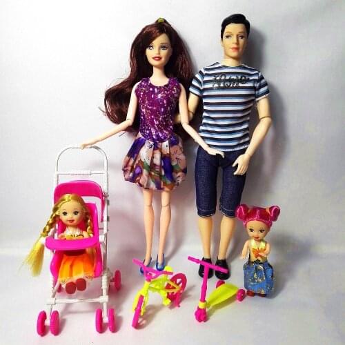 Fashion Doll Girls Toys Family 4 People Dolls Suits 1Mom/1Dad/2 Little Kelly Girl/1scooter/1 Baby Carriage for barbie Gift TR63