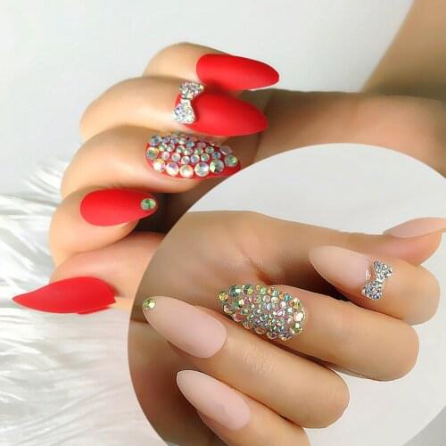 Bowknot design fake nail tip long red flase nail natural thin high heel diamond decoration skill light color 24 pieces