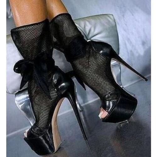 2019 New Woman Sexy Nightclub Black 140 mm Heels Peep Toe Lace Butterfly Knot Bow Ties Platform Mesh Mid-calf Sandals Boots