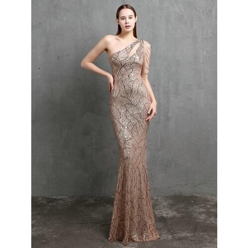 2021 New Elegant One Shoulder White Sequin Evening Dress Women Beads Party Wedding Maxi Dress