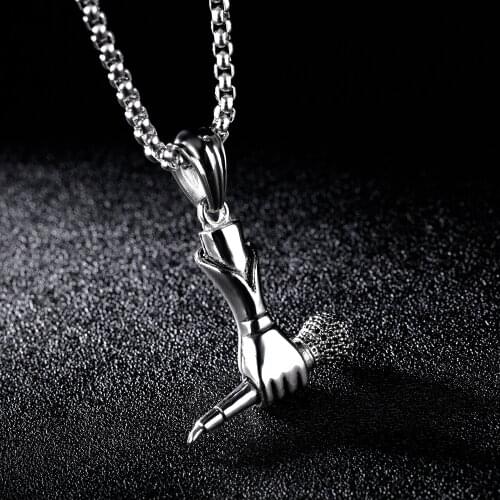 European American Punk Creative Stainless Steel Color Man Necklace For Women Singer Pendant Hand Holding Microphone Jewelry