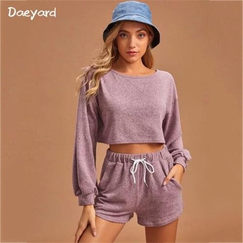 Daeyard Womens Solid Round Neck Pajama Set Long Sleeve Drawstring Pyjamas Two Pieces Homewear Girls Casual Nightwear Sleepwear