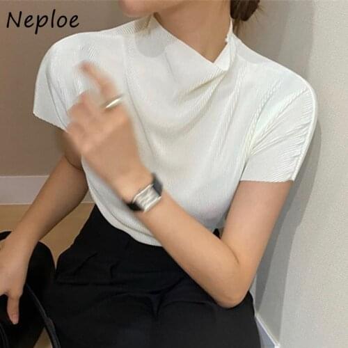 Neploe High Neck Pullover Short Sleeve Solid Blouse Women Work Style Ol Simple Basic Blusas Summer 2021 New Slim Shirt Feminino