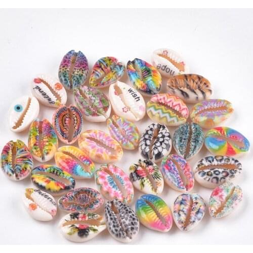 Colorful Printing Flower Natural Shell Beads No Hole Cowrie Shell Loose Beads For Necklaces Bracelets Jewelry Making Accessories