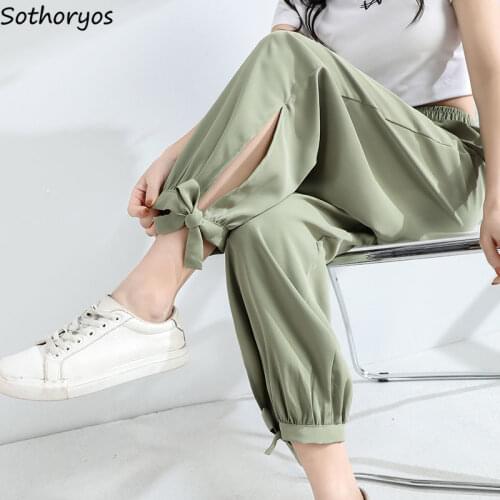 Bloomers Casual Pants Women Summer Plus Size S-3XL Solid Elegant Tender Breathable Split Bow High Waist Stylish Trousers Chic OL