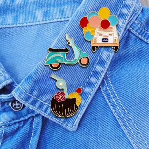 Cute Brooch Balloon Bus Motorcycle Juice Flower Drink Enamel Pins Brooch Combination Fashion Backpack Kids Jewelry 3pcs/set