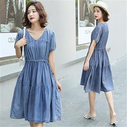 Loose waist V-neck thin denim dresses summer new women in long small refreshing slim Commuter Versatile Dresses