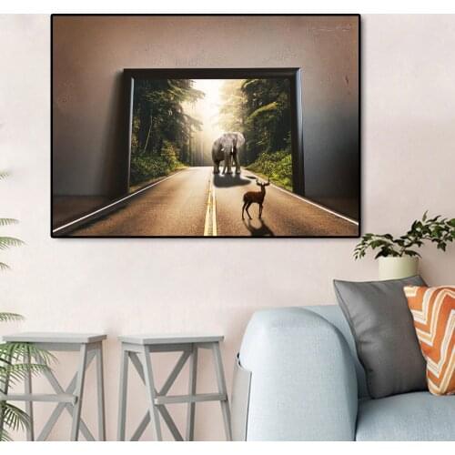 Creative Elephant and Deer in the Wall Canvas Paintings On the Wall Art Posters And Prints Animals Art Picture For Kid Room