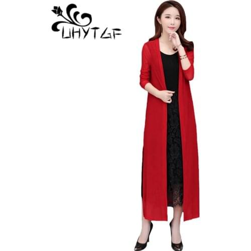 UHYTGF Women Trench Coat Women Cardigan Shawl Jacket Fashion Female Windbreaker Ultra-Thin Knitted Cardigan Long Outerwear 121