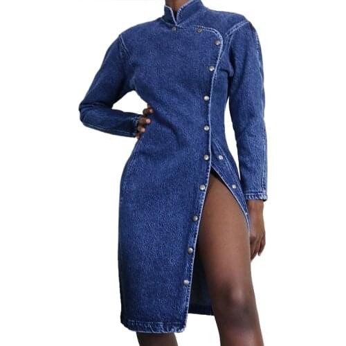Spring Sexy Split Denim Dress Women Slim Full Sleeve Retro Single Breasted Elegant Dresses Woman Casual Party Club Bodycon Dress