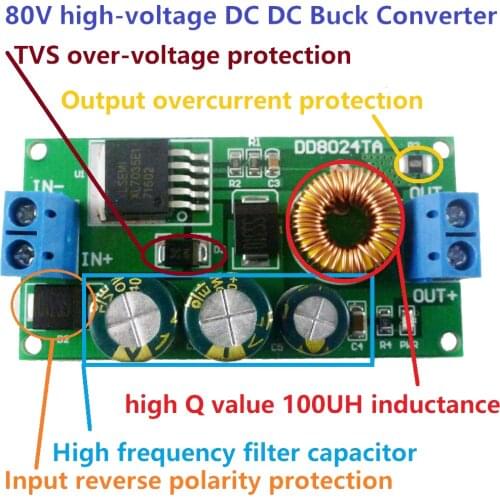 High-Voltage EBike DC-DC Buck Converter Step-Down Regulator Module 24V 36V 48V 60V 64V 72V 80V to 3.3V 5V 6V 9V 12V 15V