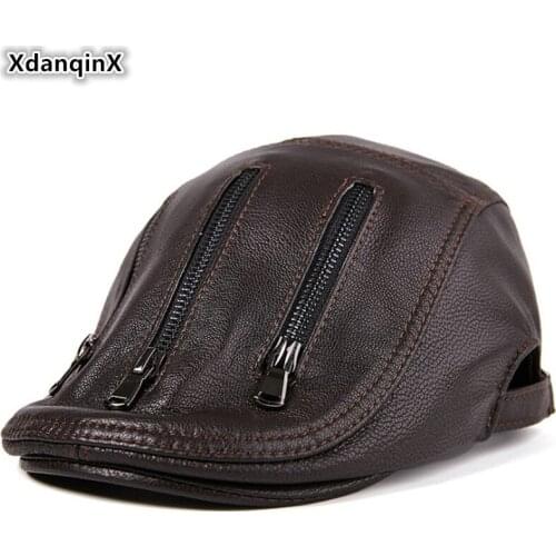 XdanqinX Novelty Mens Genuine Leather Hats Sheepskin Leather Berets Fashion Personality Middle-aged Leather Tongue Snapback Hat