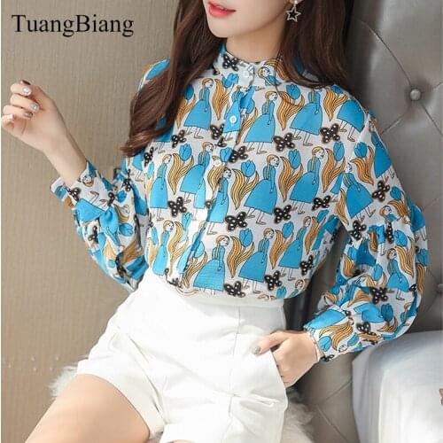 2019 New Print Vintage Loose Stand Collar Chiffon Blouses Women Lantern Sleeve Office Work Wear Shirts Elegant Tops Mujer Blusa