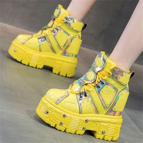 Punk Goth Military Ankle Boots Womens Platform Wedge Rivets Buckle High Heels Oxfords Creepers 34 35 36 37 38 39