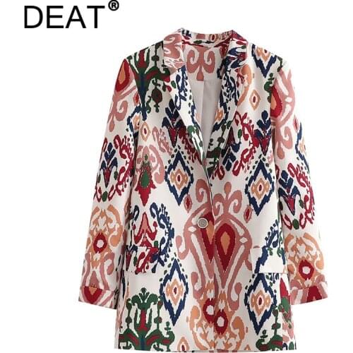 [DEAT] 2021 Autumn New Fashion Tide Long Sleeve Single Button Turn-down Collar Temperament Printing Blazer Women 13Z1213